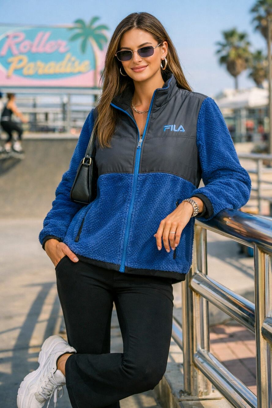 Fila Sport Sherpa Fleece Jacket M Blue Black EUC
